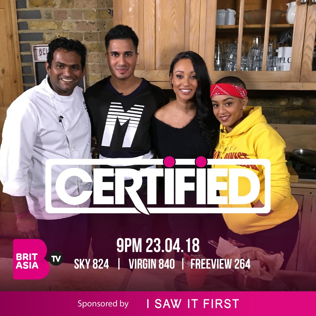 BritAsiaTV's tweet photo. This is your half an hour warning ⚠️⚠️⚠️

We have @ArjunArtist &amp; @Paigey_Cakey joining @Lisamaffiauk in the kitchen on this week's episode of #Certified 🍳

Sponsored by @isawitfirst 
Sky 824 | Virgin 840 | Freeview via VisionTV 264 https://t.co/sxsnuoQflB