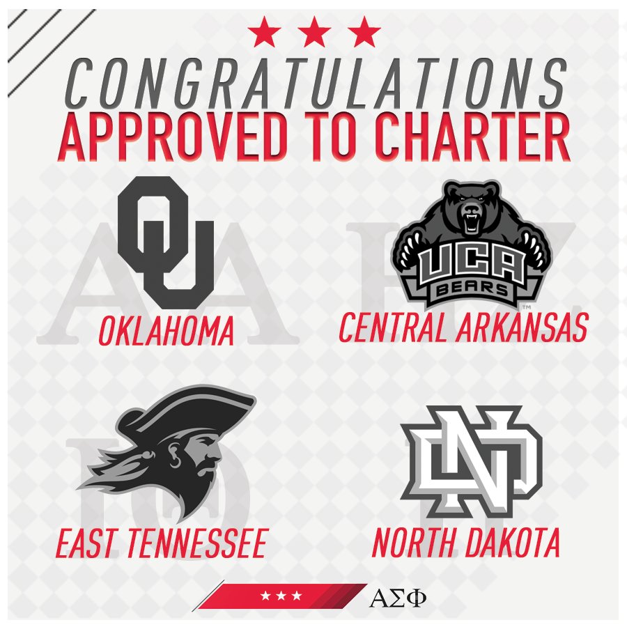 Congratulations to the following groups who were approved to charter by the Grand Council:

Alpha Alpha (Oklahoma)
Eta Zeta (Central Arkansas)
Iota Theta (East Tennessee)
Iota Iota (North Dakota)

#AlphaSig