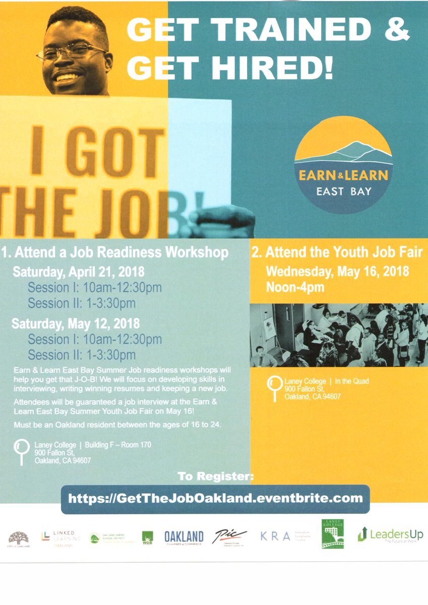 ACsChildren's tweet photo. Exciting job opportunity for Oakland youth ages 16-24. Please share widely amongst your network. Attendees will be guaranteed a job interview at the Earn and Learn East Bay Summer Youth Job Fair May 16th! Must attend both parts.
https://t.co/jGbnQHG3DB https://t.co/GOMAYpGWro