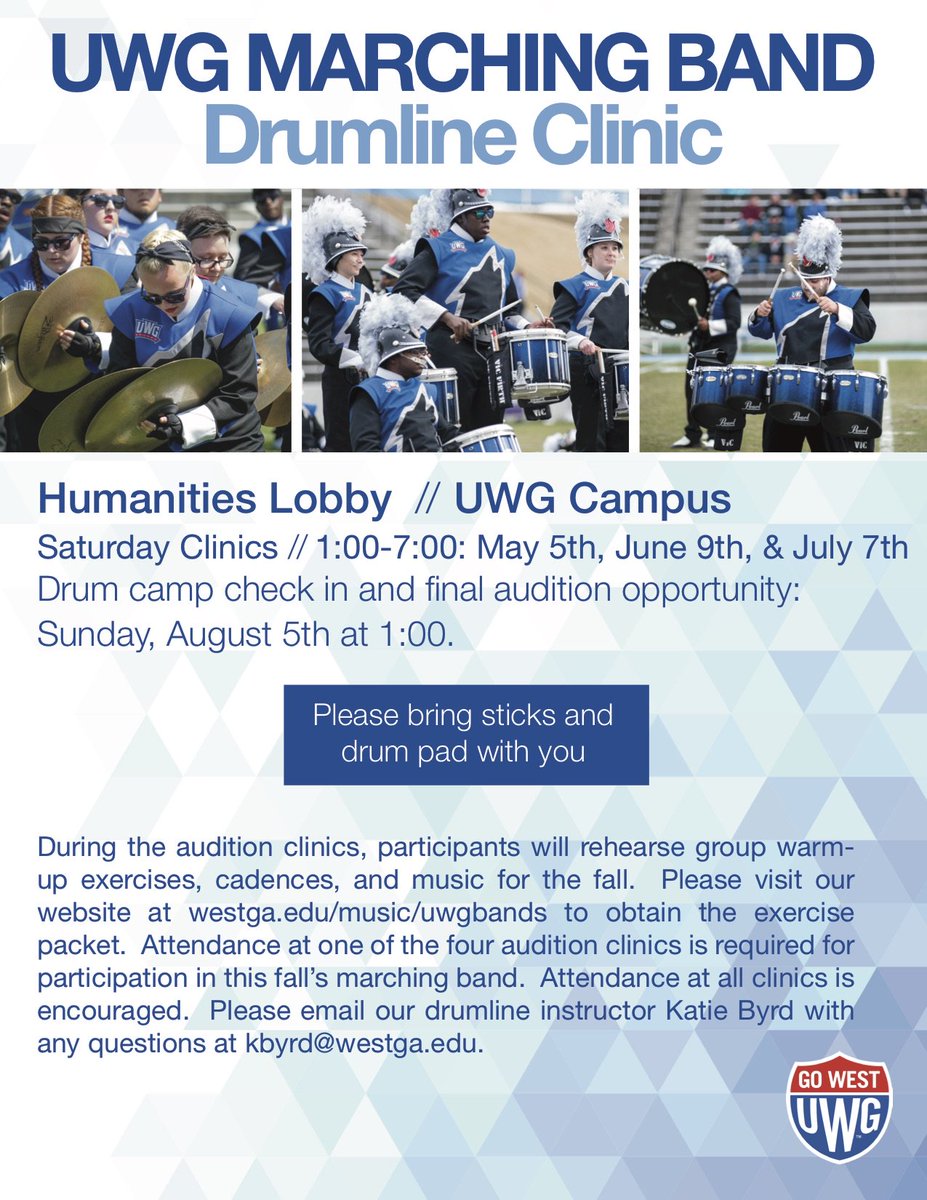 WestGeorgiaBand's tweet photo. Do you or someone you know want to be a part of the UWG Drumline? Here's all the info you/they need! #goWest #goBand #UWGbands #TSTLTS https://t.co/R28hJuMZOD