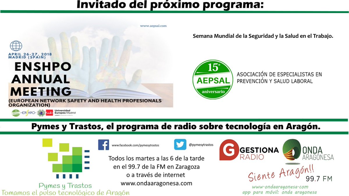 pymesytrastos's tweet photo. Mañana hablaremos de #seguridadysalud en el trabajo, y del Meeting  Anual de  ENSHPO que se celebrará esta semana con motivo de la Semana Mundial de la Seguridad y la Salud.Nos acompañaran: @Aepsal @AnaV_Serrano @suromig  
@agdagira @IsmaelSanchezH @AngelesRomeroCo y Javier Calvo https://t.co/yHzfPexxYI