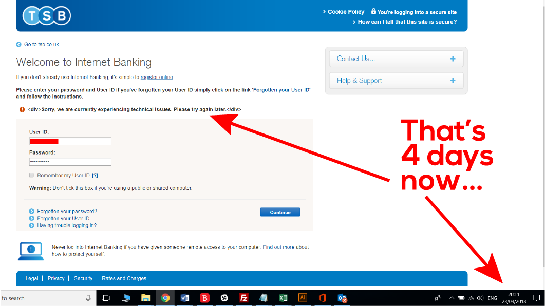 sandrakitlinska's tweet photo. What a disaster... 😠 The internet banking meant to be back with us on Sunday at 6pm -  it's Monday 8pm and guess what? It's still not working... I'm actually thinking of switching somewhere else - any recommendations?  @TSB #TSB #TSBfail #TSBdown https://t.co/sLzbJpbkt3