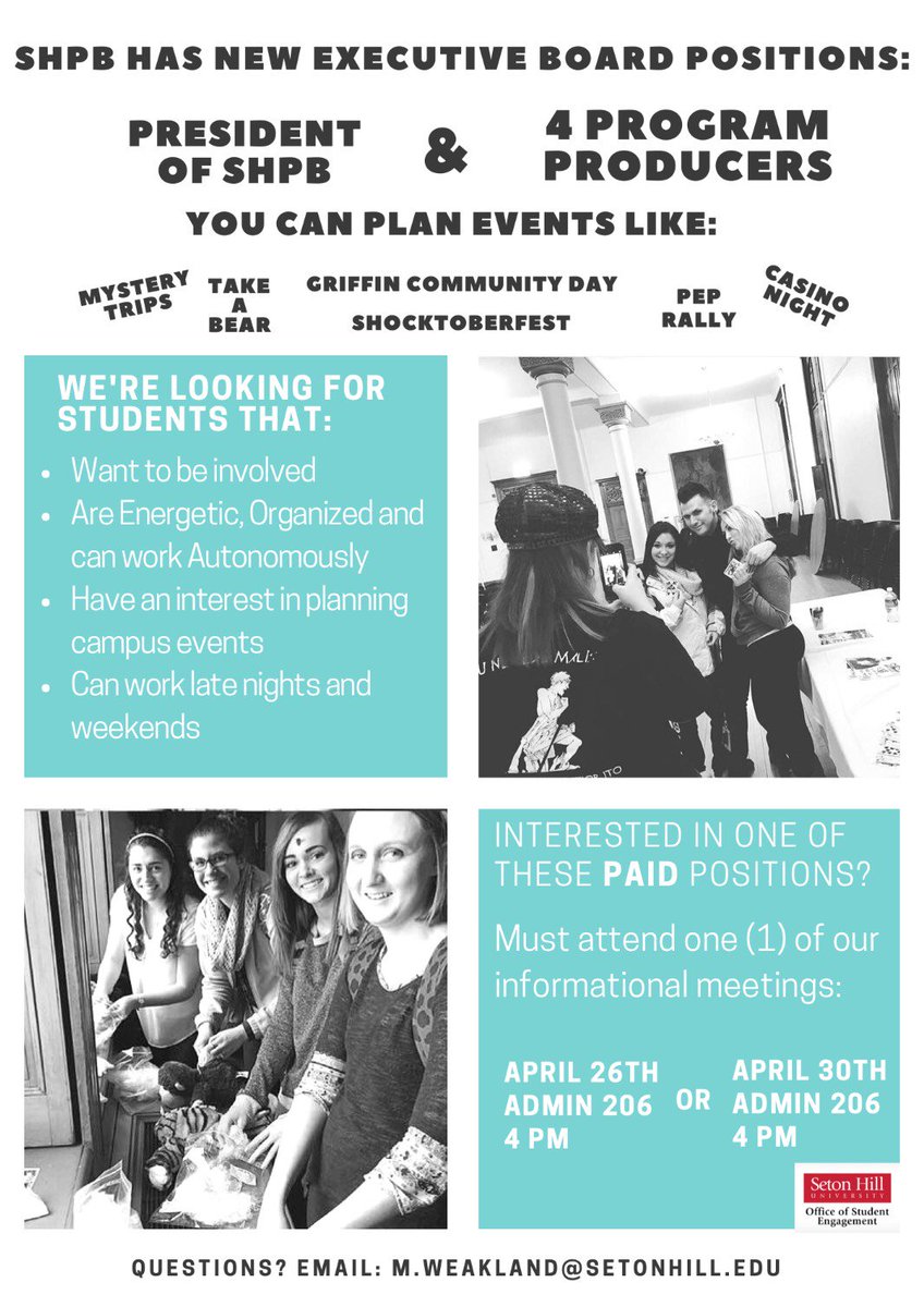 SetonHill_PB's tweet photo. SHPB has a new look &amp; we are interested in hiring students! The board will now have 4 producers who plan and organize 3-4 events per semester. This is a great way to help bring campus to life! Interested? Attend one of the info. sessions! Applications are on OrgSync under “Forms” https://t.co/Pl2wp987QU