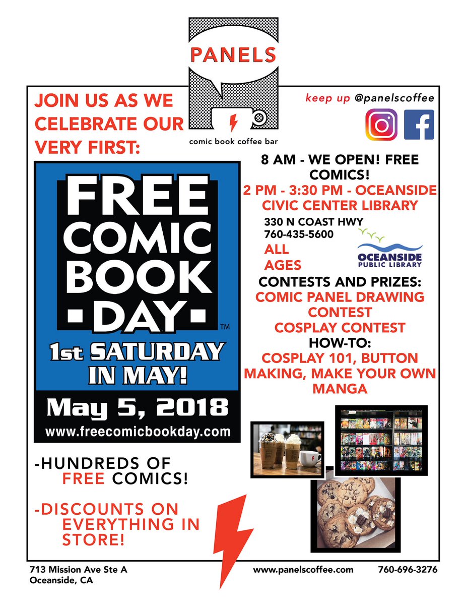 panelscoffee's tweet photo. Happy to announce that we will be partnering with the Oceanside Library for FREE COMIC BOOK DAY as they will not only have Free comics of their own to give out, but will also be hosting events and contests! #fcbd #FreeComicBookDay #FCBD2018 #comics #comicbooks https://t.co/skW5fhTKD8
