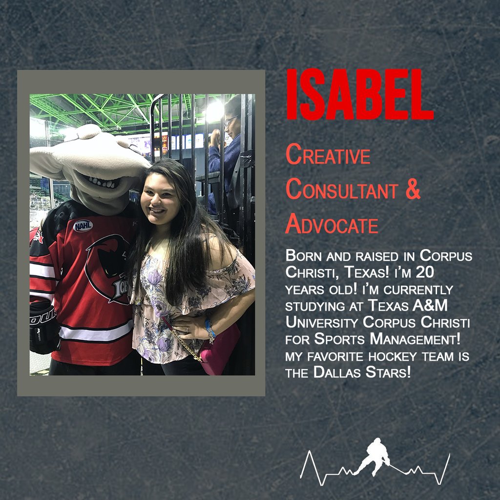 HeartsofHockey's tweet photo. Meet our amazing creative consultant &amp; advocate, Isabel! She was born and raised in Christi, Texas and is a huge @DallasStars fan. She is currently going to school at Texas A&amp;M University for sports management. Follow her on social media @isabellll_97! #MeetTheGirls #Hockey https://t.co/xW0Vie7DMy