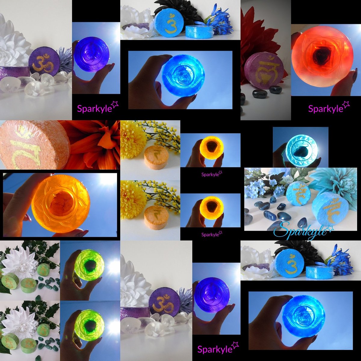 SparkyleUK's tweet photo. Here at Sparkyle we just love to create unique goodies to incorporate crystals &amp; wellbeing into  everyday life.  This is some of my Chakra Gemsoaps &amp; Gembombs.  All contain a hidden crystal 💜
#CreativeBizHour #maker https://t.co/tsISXl6txO