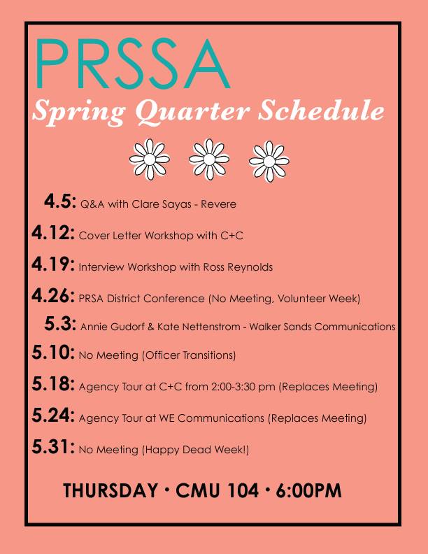 UWPRSSA's tweet photo. Updated Schedule. Please be aware of some changes. Looking forward to the agency tours!

We are still accepting officer applications. :)
#uwprssa #publicrelations #uwcomm https://t.co/fGAAfCZ3s9