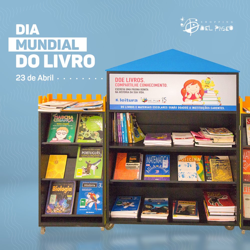 delpaseo's tweet photo. Hoje é o Dia Mundial do Livro. E o Shopping Del Paseo apoia e incentiva a leitura. Aqui no Piso L1 (próximo a entrada da Rua Barbosa de Freitas) temos um espaço para doação de livros e materiais escolares para instituições carentes. #DelPaseo #DiaDoLivro https://t.co/zE6OcfjF5E