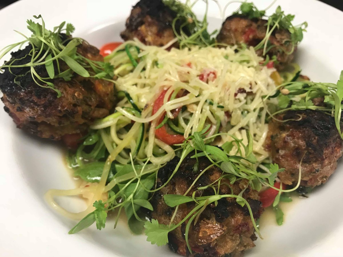 SAustinMarriott's tweet photo. We have recently added a vegetarian item to our dinner menu at the Limestone Lounge. These hand rolled homemade Eggplant meatballs are served with zucchini noodles. https://t.co/SGIwT9zxEA