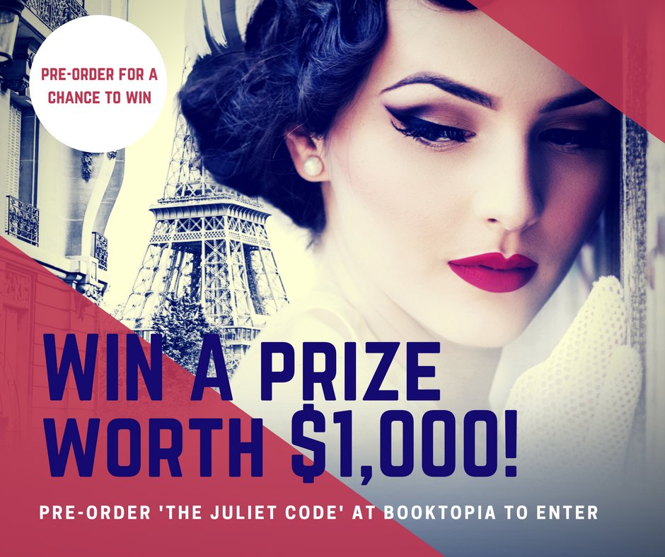 ChristineWells0's tweet photo. Jump into a world of spies, love, betrayal & secrets and be in the running to WIN prizes to the value of $1,000! Click https://t.co/kZSWzFyBwS to pre-purchase #thejulietcode & enter @booktopia's fabulous promo. #spiesandprizes #whatcouldbebetter #clicknow https://t.co/kZSWzFyBwS https://t.co/H4SN3YCN6c