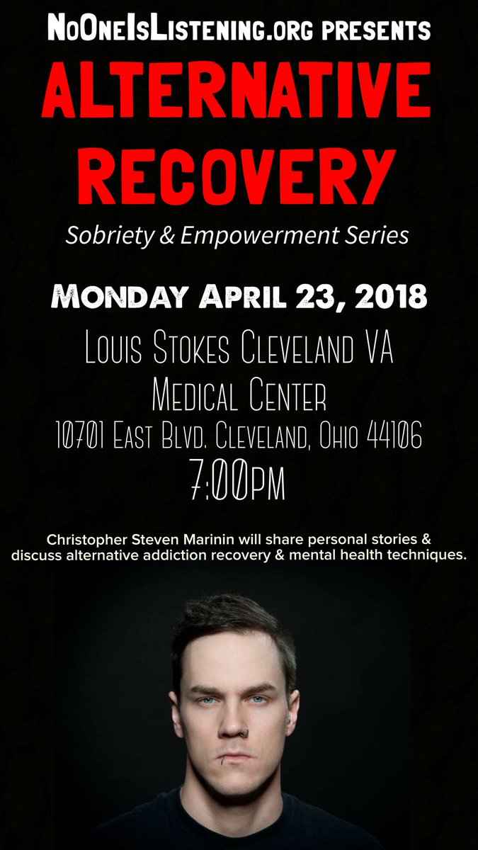 NoOneIsChris's tweet photo. ATTENTION! I am giving my first of hopefully many presentations on my methods for #alternativerecovery tonight at the Louis Stokes VA Hospital in CLE at 7pm #Sobriety #Recovery #Seminar #Healthy #MentalHealth https://t.co/iECPU8rufB