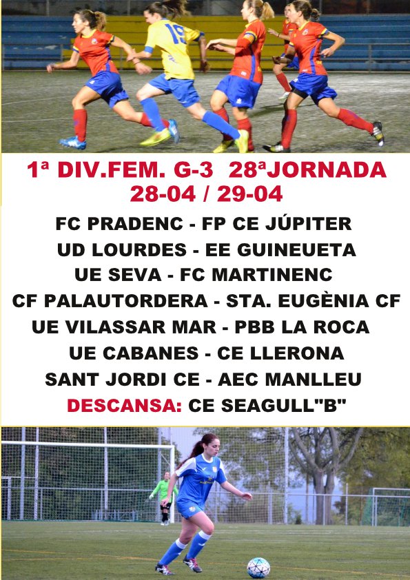 BucetaFidel's tweet photo. #1divFEM3 J.27 #Futfem
El @Manlleufemeni té cada vegada + a tocar títol i ascens, tot i que la @PBBLAROCA no ho posarà gens fácil.
El @CFPfemeni cedeix en un apassionant duel a @martinenc
@CELLERONA14 i @CEJupiterFemeni quasi bé consoliden permanència.
#Futbolcat @regionalfutbol https://t.co/r8z6OnoVf3