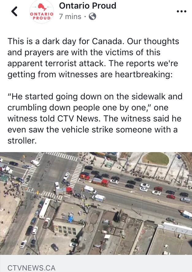 Facebook post from Ontario Proud: "This is a dark day for Canada. Our thoughts and prayers are with the victims of this apparent terrorist attack."