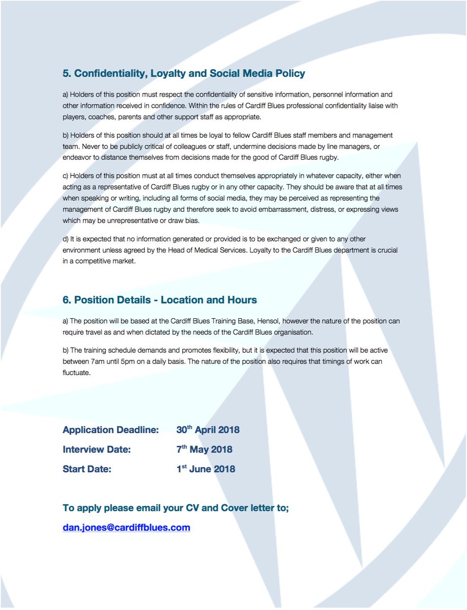 **Plz RT** Exciting new role to join the <a href="/cardiff_blues/">Cardiff Blues</a> medical team... Full-time Academy Physiotherapist - Deadline 30th April 2018 #CardiffBlues #Physio