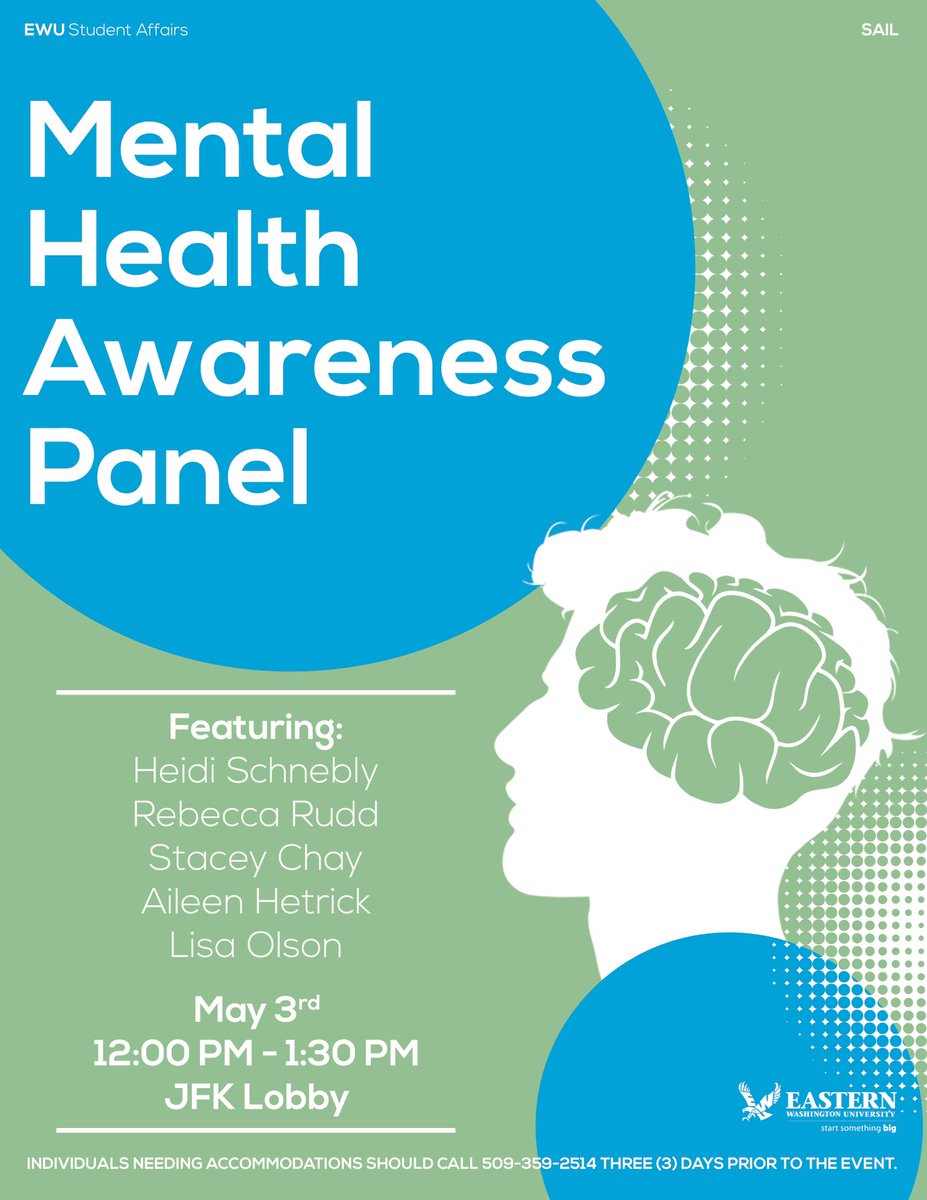 EWULeadership's tweet photo. The EWU community is invited to attend a panel discussion on mental health on Thursday, May 3 from 12:00-1:30pm in JFK Lobby. This event will feature panelists from the campus and local community sharing their insights and experiences on the topic. See you there! https://t.co/yfScjtpvRy