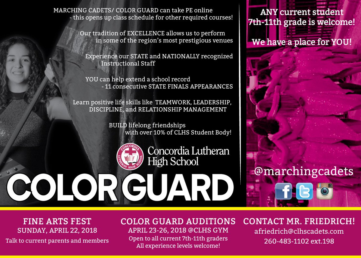 marchingcadets's tweet photo. Auditions begin today!!! Run all week! Call 483-1102 ext 198 if you cannot make a scheduled time! We need you!!! Bring a friend! 7-11th graders —- all experience levels from beginner to awesome! #growband #growguard #clhs #solideogloria https://t.co/4vYnX8Fdnx