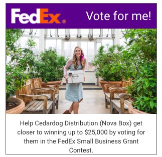 Help us win a $25,000 Fedex Small Business Grant!
This is an online social challenge so whichever company has the MOST votes wins. Voting only takes a moment and you can vote once a day until May 13th. Vote here: ca.smallbusinessgrant.fedex.com/home/detail/ed…