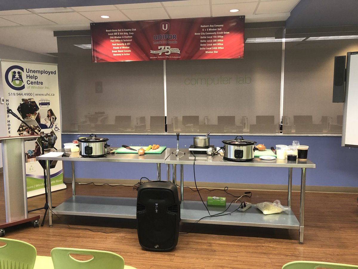 UHC_'s tweet photo. We’re set up &amp; ready to host clients from @theWYCcommunity tonight for a #CrockPotCookingClass. They’ll learn from our #chefs how to #cook on a budget &amp; shop for #healthy #nutritious food. Thanks to @UniforLocal240 for sponsoring #HubOfHope #YQG #CommunityPartnerships https://t.co/WrWqIi5HTQ