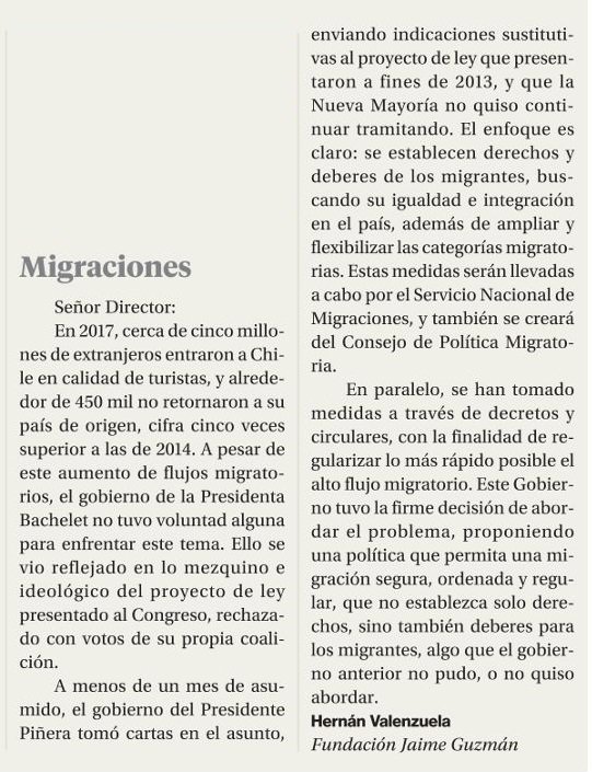 FundJaimeGuzman's tweet photo. 📌 #OpiniónFJG | "Este Gobierno tuvo la firme decisión de abordar el problema, proponiendo una política que permita una migración segura..." Escribe @HernanValenzue vía @La_Segunda https://t.co/4j0yPQE0iC