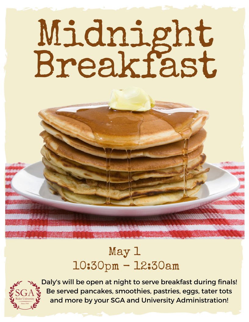 RiderSGA's tweet photo. We are serving pancakes, tater tots, pastries and more on May 1 in Daly's from 10:30pm-12:30am! Come join us! https://t.co/m6rfXmYcwH