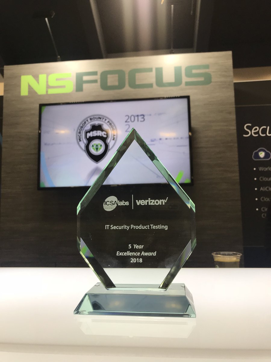 NSFOCUS_Intl's tweet photo. We're very excited to receive the ICSA Labs 5-year EIST (Excellence in Security Testing) award at the RSA conference last week! #RSAC2018 #ICSALabs #EIST #NSFOCUS https://t.co/TYhWmPTyZW