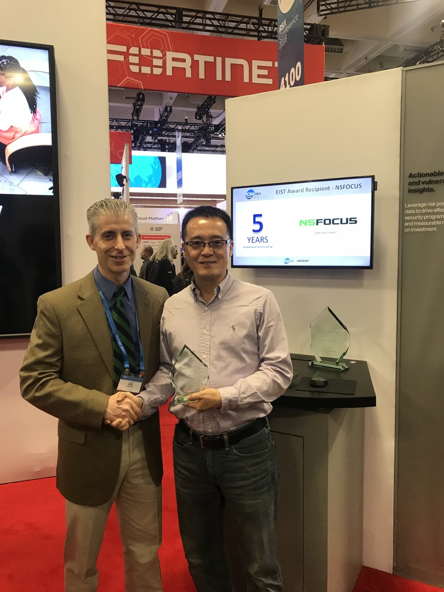 NSFOCUS_Intl's tweet photo. We're very excited to receive the ICSA Labs 5-year EIST (Excellence in Security Testing) award at the RSA conference last week! #RSAC2018 #ICSALabs #EIST #NSFOCUS https://t.co/TYhWmPTyZW