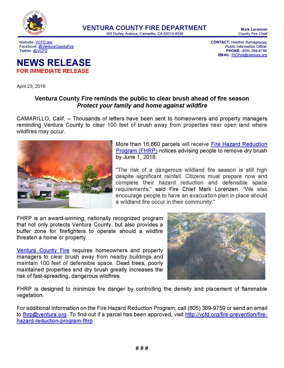 long_km's tweet image. A great reminder from @VCFD @VCFD_PIO as fire season approaches.  Please pay attention to any Fire Hazard Reduction Program (FHRP) notices you may receive.  Together, we can help protect family and home with some important proactive measures #VenturaCounty #wildfires ##FHRP