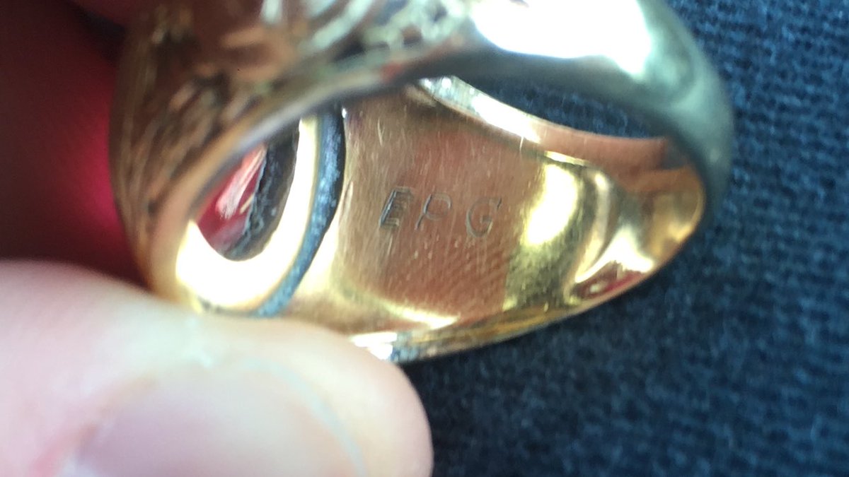 perryrussom's tweet image. Missing a ring? Just found this #Harvard class ring from 1954 in a parking lot in Needham. Please RT to help find owner. “EPG” is engraved inside