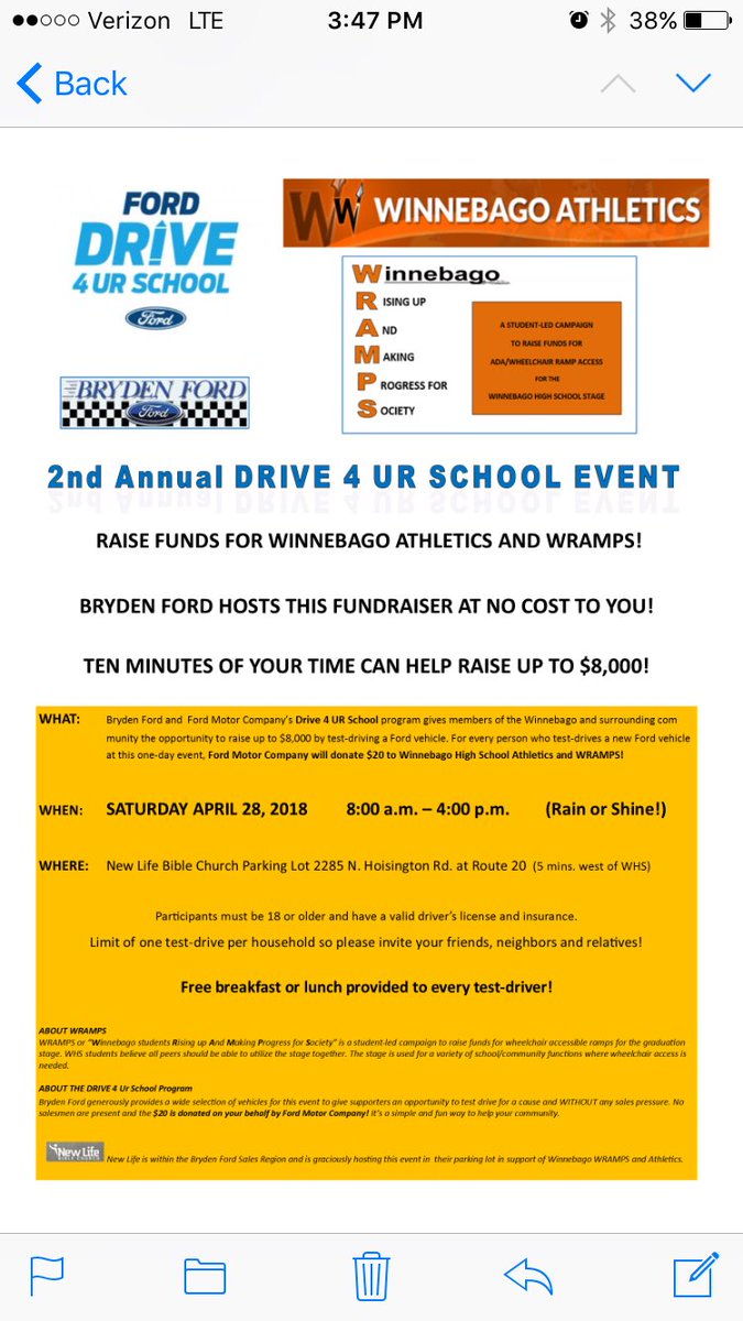 Wrampsbago's tweet photo. 2nd Annual Ford Drive 4 Ur School event Saturday 8-4 in New Life parking lot. Come take a 5 min test drive and Ford will donate $20 to WRAMPS &amp; Bago Athletics. We need 300 drivers. We'll even give u breakfast or lunch! This is FREE! Help WRAMPS &amp; Bago athletes. Pls RT @BagoAD https://t.co/kkFNJKRMDP
