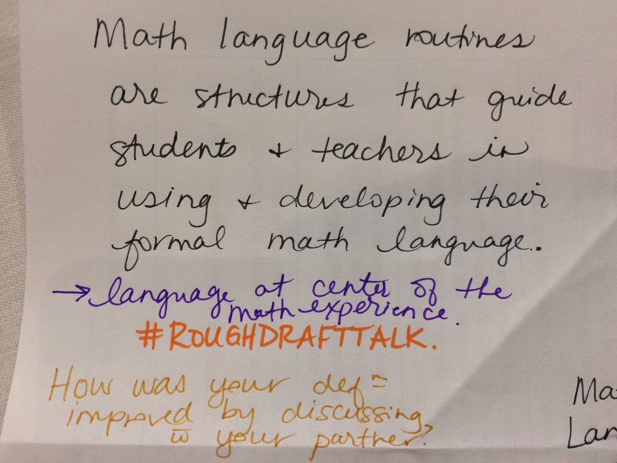 DrMRinehart's tweet photo. Stronger and clearer each time. Working on my #roughdrafttalk to make sense of Math Language Routines with @MrsNewell22 at #NCSM18. How might we revise our thinking over time? How might we improve our definitions by discussing w/ a partner? How do our def/ns become more clear? https://t.co/0ERz6yCA2Y