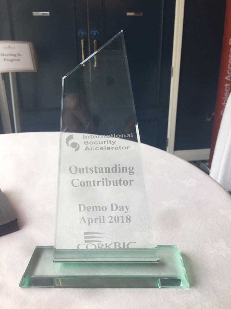 Well done @johannes_cork #BestContributor on the 2018 International Security Accelerator thanks @CorkBIC <a href="/AltadaSolutions/">Altada Technology Solutions</a> <a href="/ParrotScribe/">ParrotScribe</a> <a href="/guardyoo/">GuardYoo</a>