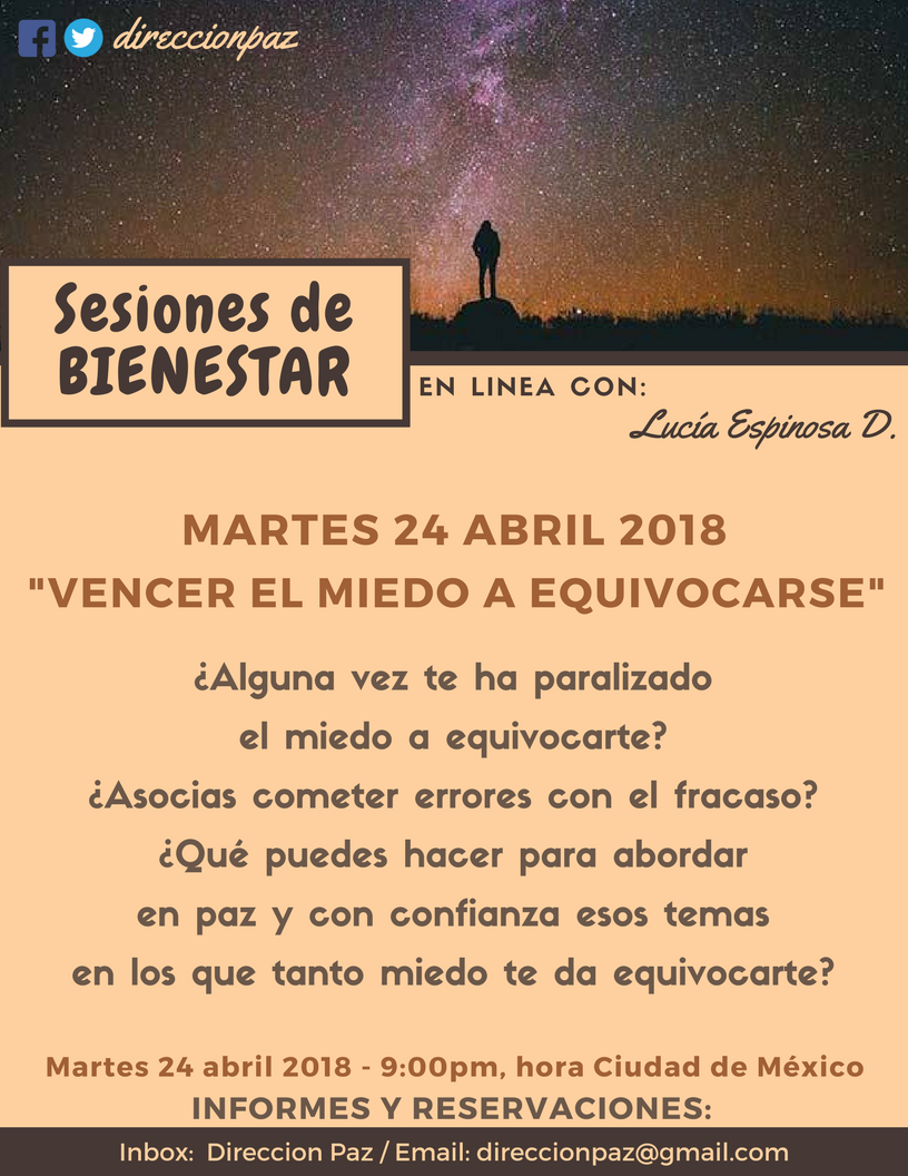 DireccionPaz's tweet photo. Mañana martes 24 de Abril a las 9pm, hora Cd. de Méx, el tema de la Sesión de Bienestar en línea es "Vencer el miedo a equivocarse."
Transmisión en vivo vía Zoom Cloud Meetings.
Info y Reserv: direccionpaz@gmail.com
https://t.co/sSz4Vvwo9I https://t.co/eNpKJ3hQjy