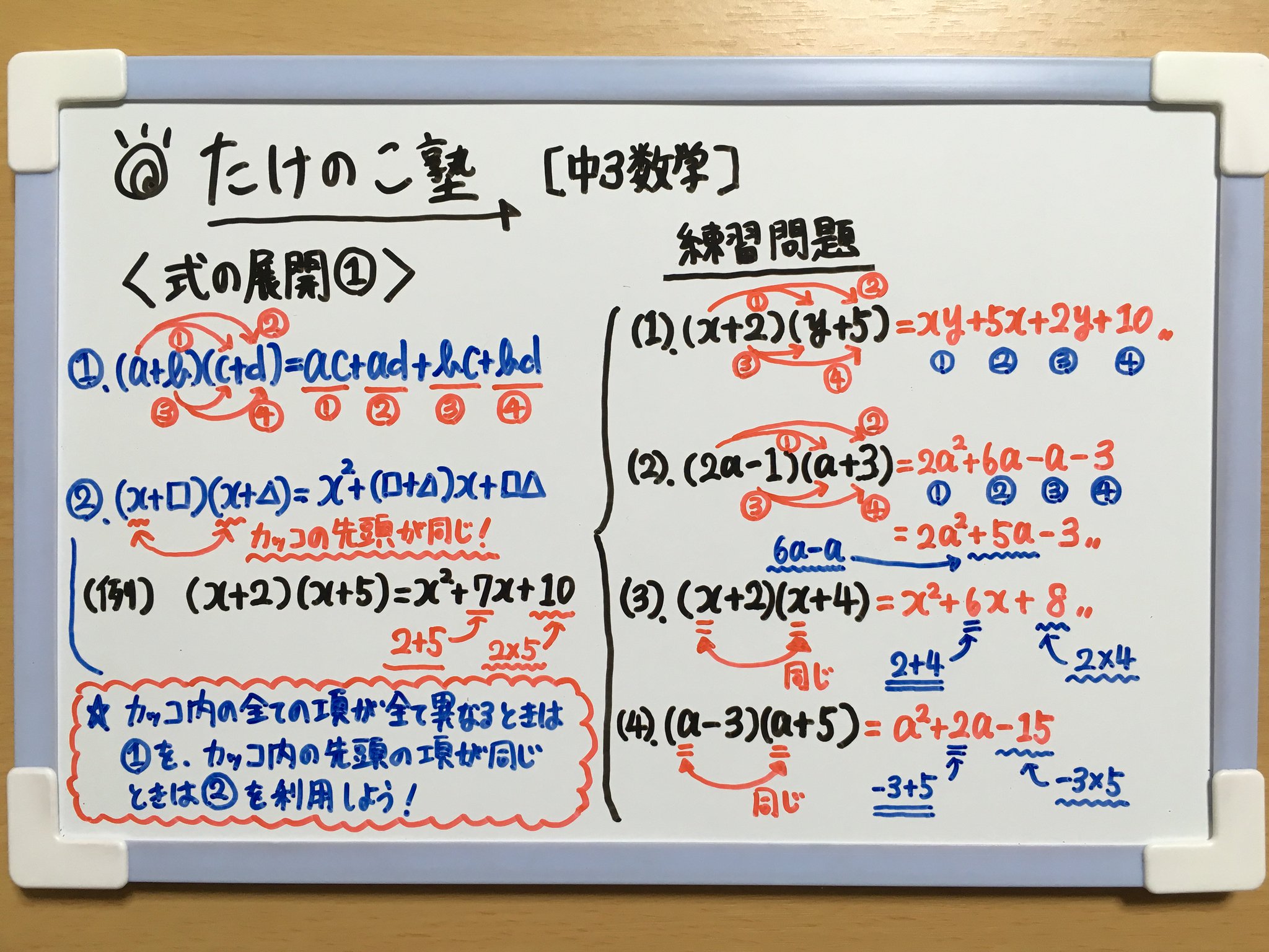 O Xrhsths たけのこ塾 Sto Twitter 中3数学 今回は 式の展開 についての問題を作成しました 以下の公式を使う問題です A B C D Ac Ad X X X 2 詳しくは画像の解説をご覧下さい 勉強垢 中3 数学 式の展開 Youtube