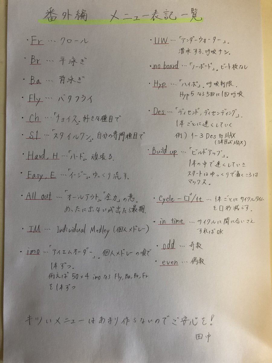 阪大水泳サークル Toddy こんにちは 今日は番外編で 僕がよくメニューで使う表記とその意味を紹介します 覚える必要はないので練習中でも分からなかったら聞いてください