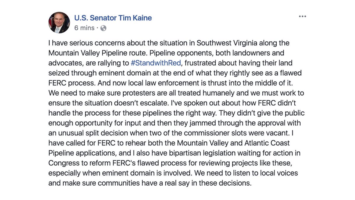 I have serious concerns about the situation along the Mountain Valley Pipeline route. Many are rallying to #StandWithRed, frustrated about having their land seized. We need to reform FERC’s flawed process on projects like these and give communities a real say in these decisions.