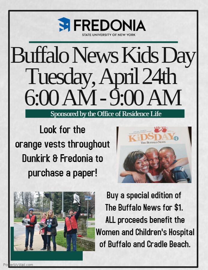 FredResLife's tweet image. Tomorrow is Buffalo News Kids Day!  🗞Look for our great hall staffs and other organizations from campus out selling the Buffalo News to buy for a great cause! All papers will $1 and proceeds will go to Buffalo Children’s Hospital! See you bright an early tomorrow morning 🗞
