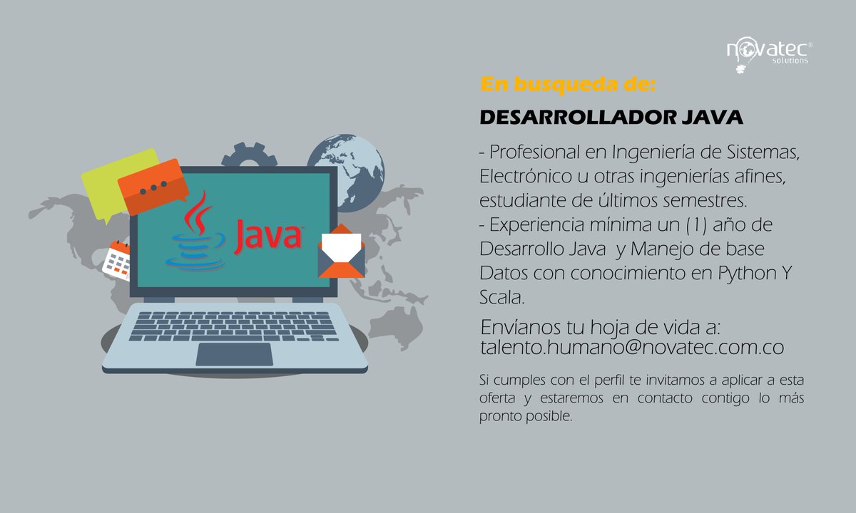 novatecsolution's tweet photo. #empleosihay #Java #python #scala #desarrollador #novatecsolutions https://t.co/Ucsz1KsWvk