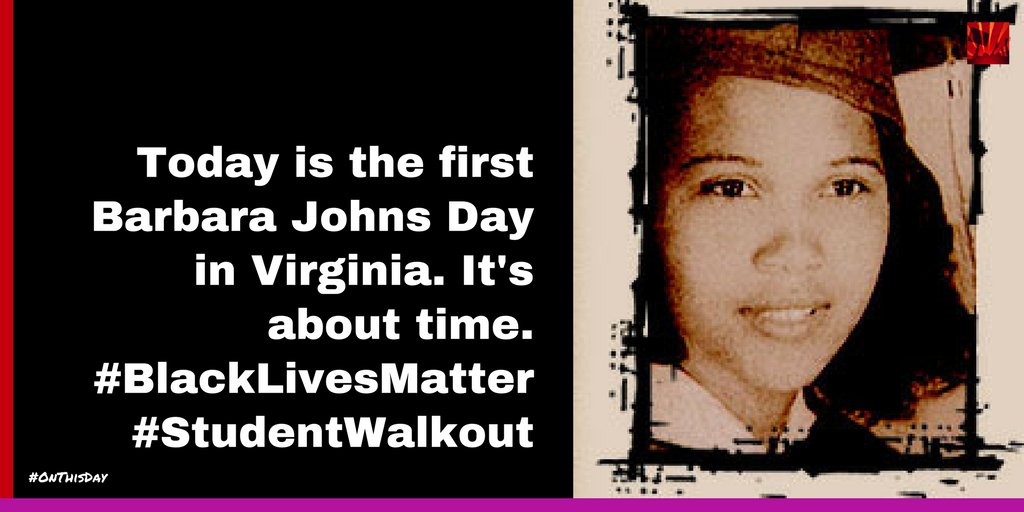 SocialMoveTech's tweet photo. At age 16 Barbara Johns led a student strike to protest unequal conditions in Virginia schools, 1951. One of plaintiffs in Brown v. Board of Ed which declared school segregation unconstitutional. 
#BlackLivesMatter #schoolwalkouts https://t.co/h5ReMW4O4S