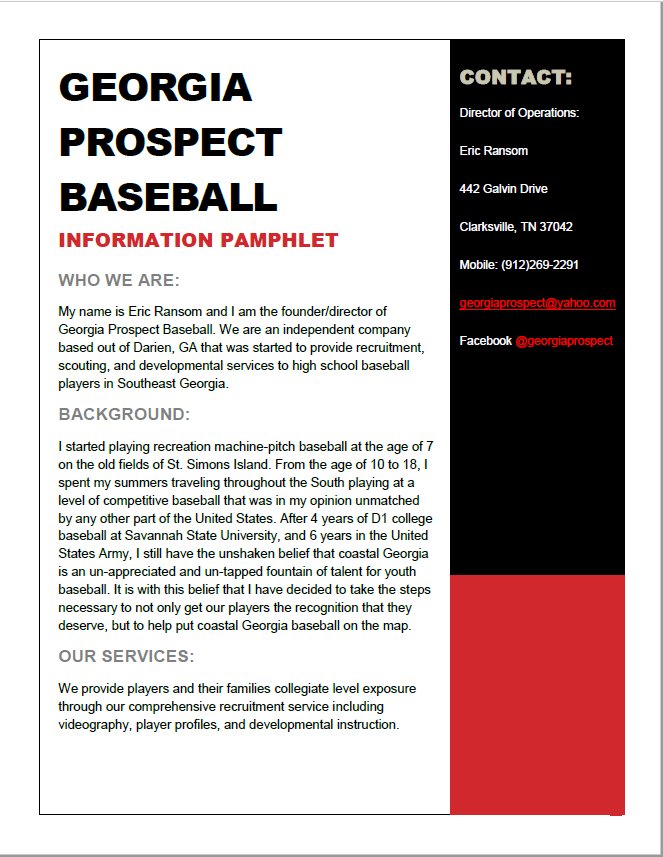 ProspectGeorgia's tweet image. Attached is our information pamphlet including detailed information about who we are and what we will be doing! Follow us, like and follow our Facebook page Georgia Prospect Baseball, and contact us if you think that you have what it takes to play at the next level!