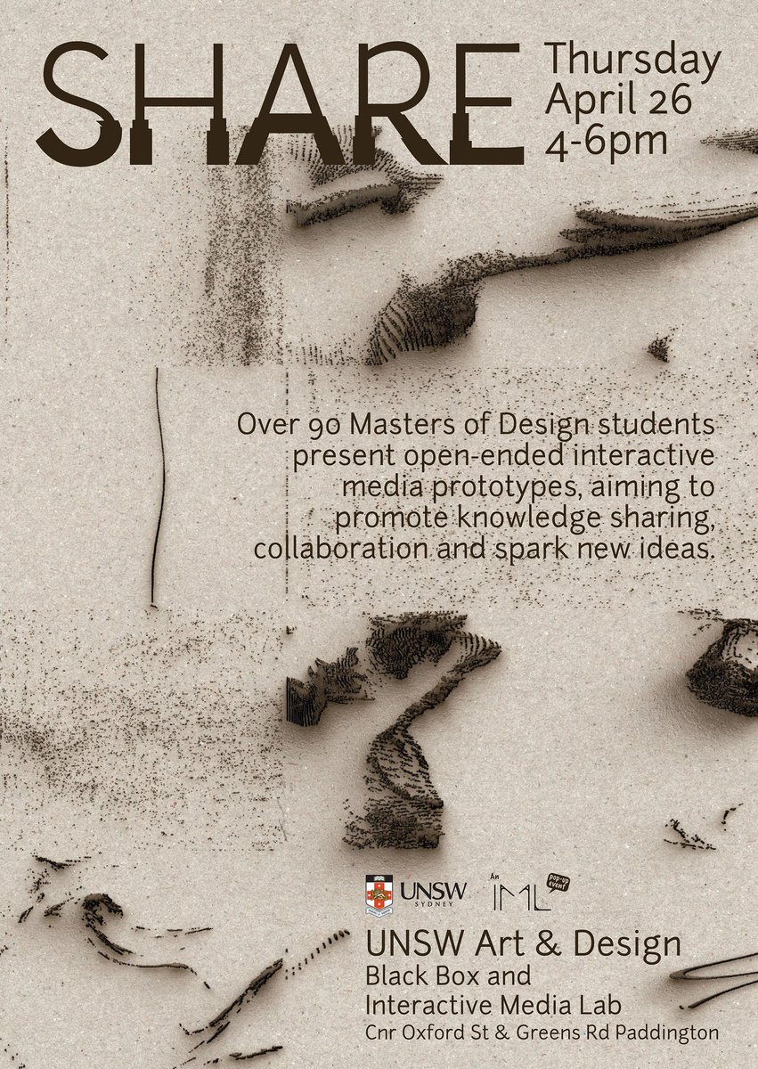 This Thursday (4-6pm) at <a href="/artdesignunsw/">UNSW Art & Design</a>, around 90 Masters of Design students from the Interaction Design Foundations course will showcase their interactive prototypes in the Black Box and <a href="/unsw_iml/">InteractiveMediaLab</a>. More flashy lights and squelchy sounds than you can poke a Max patch at.