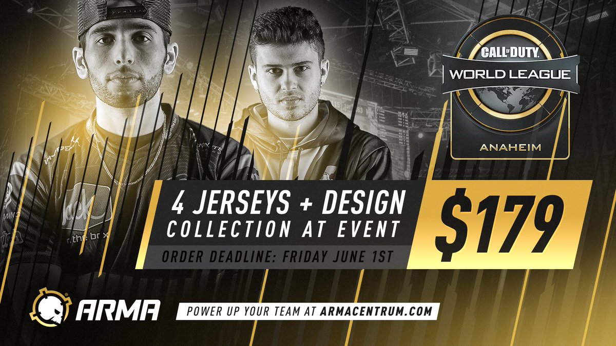 ARMAgg's tweet image. CoD World League : Anaheim Team Sale #CWLAnaheim

4 Pro Jerseys + Design (plus collection at event) for $179. 

Order by Friday June 1st, Email us with details quoting 'Anaheim Sale' : hello@armacentrum.com