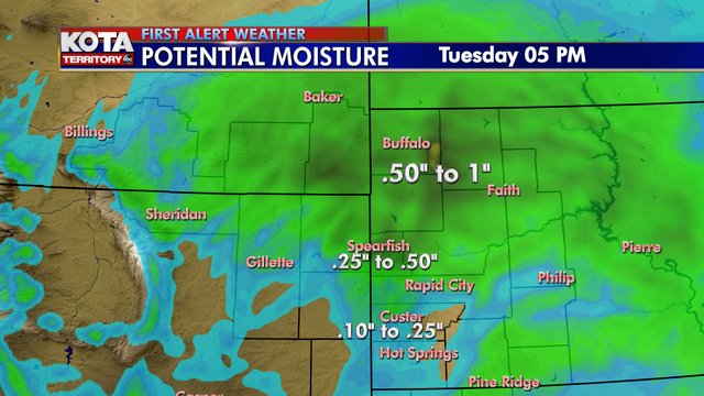 KOTAheymike's tweet photo. Great moisture potential tonight,  mixing with snow overnight!
In Rapid City any snow will be minimal and tend to melt on the roads, with a quarter to half inch of liquid possible. The snow-rain mix continues Tuesday morning, then the sun peeks out late in the day. https://t.co/UdZvlT0REo