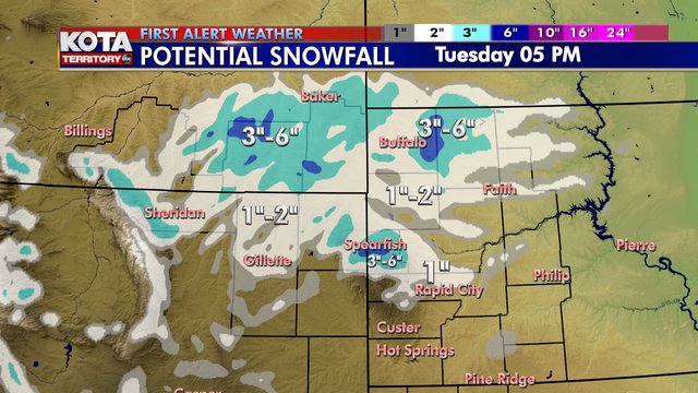 KOTAheymike's tweet photo. Great moisture potential tonight,  mixing with snow overnight!
In Rapid City any snow will be minimal and tend to melt on the roads, with a quarter to half inch of liquid possible. The snow-rain mix continues Tuesday morning, then the sun peeks out late in the day. https://t.co/2C6yC0lE9b