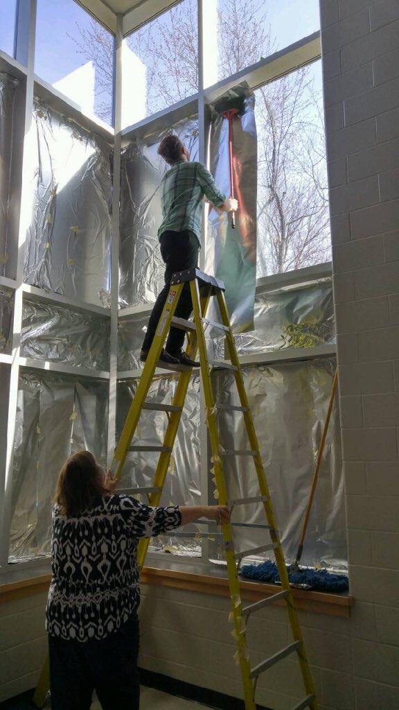 sturbs2's tweet photo. This is what we do after hours when prepping for a show! No...no alien invasion happening @WestOaksFI but man do we get a lot of sunlight in the Activity Room! #laddersafetyfirst @d_tooker is an aluminum foil wallpaper master. #tvdsbarts https://t.co/WWwhis8aEM