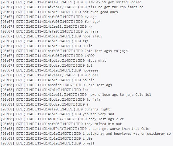 Rot_Leaks's tweet image. Excerpt 41: RoT recall and discuss member @RoT_Cole losing an AGS to adamant kiteshield PK clan Jaja. 

This guy just can't catch a break.

From: #1 - RoT private member IRC - Part 3, Lines 13297 &amp;amp; 13356