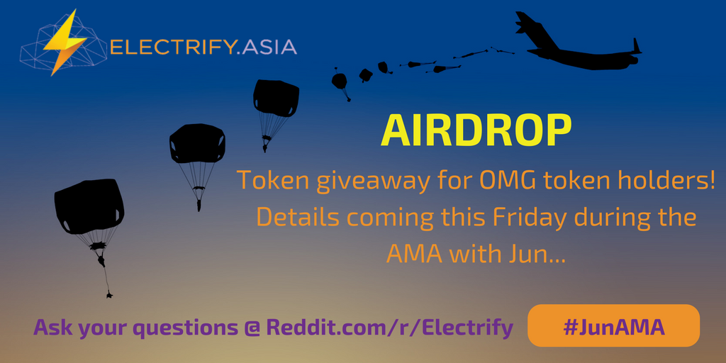 ElectrifyAsia's tweet photo. Announcing the highly anticipated #Electrify #Airdrop!

We will be issuing free #ELEC tokens to #OMG token holders.

Dates and details will be announced LIVE in the #AMA with Jun this Friday!

► https://t.co/nduy7ywlmJ https://t.co/gNGCrD26fJ