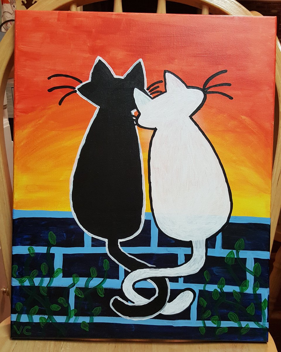 ValCCavanaugh's tweet photo. My Christmas 2017 present to my mom—we painted "#SmittenKittens" at #PaintingWithATwist last Tuesday evening. Here's my rendition. #PWATMarlton #CatArt #TardyTweet https://t.co/6fineAXFwk