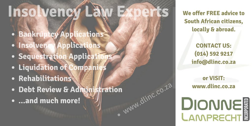 dionne_inc's tweet photo. Contact us - 1st Consultation FREE of charge! E-mail to info@dlinc.co.za. #bankruptcy #insolvency #attorney #attorneys #lawyer #lawyers #southafrica #dionnelamprecht #dlinc #debtfree #rustenburg #rsa #debtsolution #debtsolutions #debthelp #northwest https://t.co/8HBUlJf14l