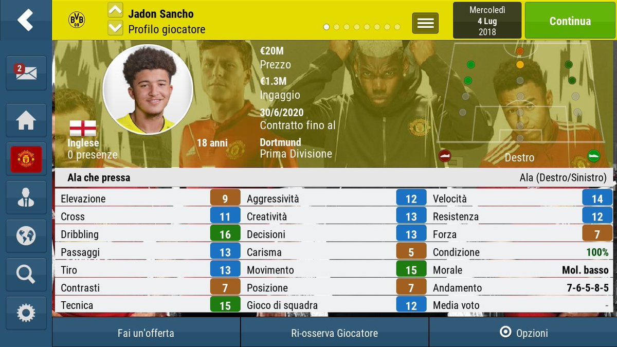 Claudedollar's tweet photo. Jadon Sancho 18 years(17 in the beginning)left wing can play also like left midfielder,his attribute guaranteed a future world champion.He is right foot then it is advisable to let him train as a right wing, especially for those who play with play on the wings #FMM18 @vibefmm https://t.co/yHLSYCZFJU