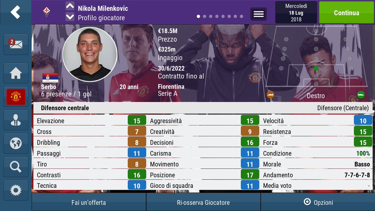 Claudedollar's tweet photo. Nikola Milenkovic 20 years old central defender.Good purchase a little expensive but you save on the salary since it has no high demands. To have to improve a future defense already well organized.#FMM18 @vibefmm @fmita @Fmm18Page @FMMobile_ @FMMobileUk @FootballManager https://t.co/6BdoDOtzZh